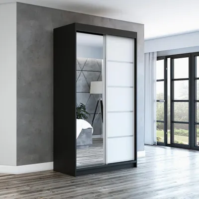Produktbild von Schwebetürenschrank GAP 120 cm 2-türig Schrank mit Spiegel. Farbe: Schwarz / weiß