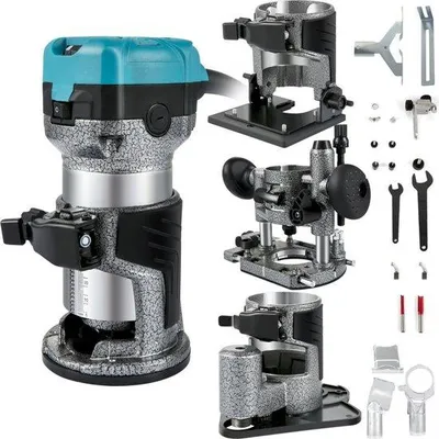 Image de Défonceuse à bois avec fraiseuse de bordure, 33 000 tours par minute, base fixe, base inclinable, base plongeante, base décalée, 3 axes de serrage 6,35/6/8 mm, fraises 6/8 mm incluses, guide courbe, alliage d'aluminium