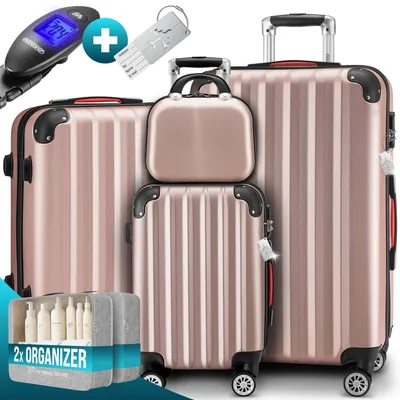 Produktbild von MONZANA® 4tlg. Kofferset mit Beautycase, Rose – M-L-XL – inkl. Schloss, Organizer & Kofferwaage – Gurt Gel-Griffe, Zwillingsrollen, Standfüße, Trolley, Reisekoffer, Hartschalenkoffer, Gepäck-Set