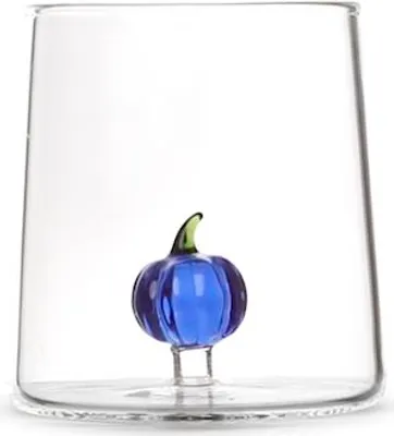 Produktbild von Klares Borosilikatglas mit Miniatur-Kürbisverzierung in Blau