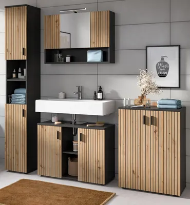 A modern bathroom vanity set with a sink, mirror, and storage cabinets.