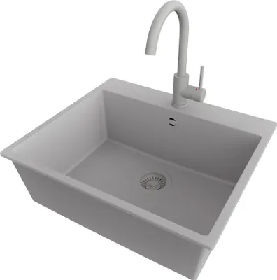 Produktbild von PRIMAGRAN Granitspüle Grau 58x50cm, Spülbecken 1 Becken + Küchenarmatur 32x20cm + Ablauf-Set, Küchenspüle ab 60er Unterschrank - Riga