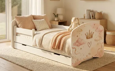 Image de Lit bébé 140x70 cm, design adorable | Lit de transition avec coffre de rangement et barrières de sécurité | Inclut un matelas en mousse et des motifs de cœurs