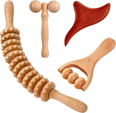 Produktbild von 4-teiliges Set aus Holz-Faszienrollen, bestehend aus einer Faszienrolle und einem Massageholz, zur Behandlung von Triggerpunkten. Ideal für die Therapie und Massage von Beinen. Enthält eine Faszienrolle und ein Massageholz mit Griff