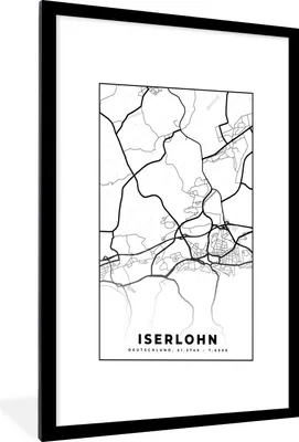 Produktbild von MuchoWow® Gerahmtes Poster Stadtplan - Iserlohn - Karte 60x90 cm - Poster mit Schwarzem Bilderrahmen Wandposter Rahmen Foto Bilder - Dekoration - Wandposter Wohnzimmer - Hochwertig