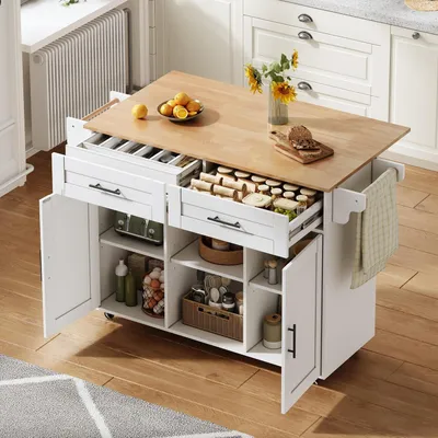 Produktbild von Mobile, multifunktionale Kücheninsel mit klappbarer Arbeitsplatte, verstellbaren Regalen, 5 Rollen und verdeckter Besteckschublade – für Küchen, Esszimmer, Wohnzimmer usw., 145 x 45 x 94,5cm
