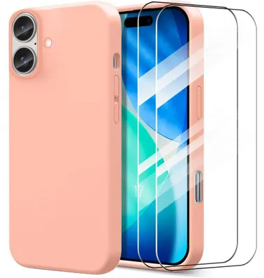 Image de Coque + 2 Verres Trempés pour iPhone 17 - Protection Silicone Liquide Souple Doux Anti-Rayures Rose