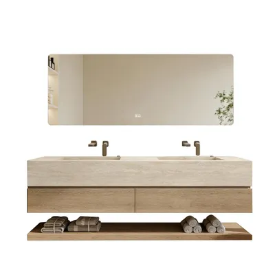 Produktbild von Badmöbel-Set mit Sinterstein-Doppelwaschbecken in Travertine look, verdecktem Ablauf, Spiegel, Unterschrank, Ablage, Ablaufgarnitur【SPX57-DS-130】