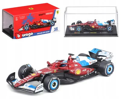 Obrázok produktu pre Bburago, model auta Ferrari SF-25 F1, Veľké ceny Miami 2025, číslo 16, Charles Leclerc, mierka 1:43, vystavovací púzdro