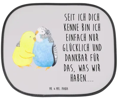 Produktbild von Mr. & Mrs. Panda Sonnenschutz für Auto Wellensittich Liebe - Grau Pastell - Geschenk, Autosonnenschutz, Sonnenblende, saugnapf, Verknallt, Umarmen, glücklich, Beziehung