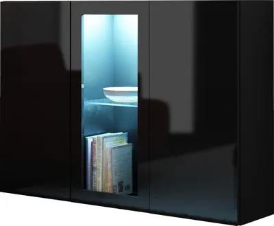Produktbild von Furniture24 Kommode Vigo 3 türiger Wohnzimmerschrank Sideboard Hängeschrank mit Led Beleuchtung Schwarz/Schwarz Hochglanz