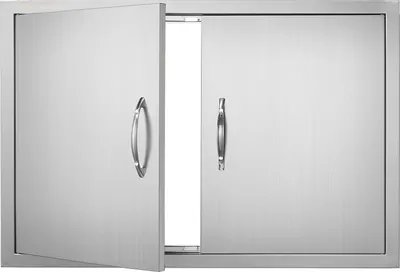 Image de Porte d'accès au barbecue, 838 x 558 x 46 mm, Double porte de cuisine extérieure, Porte en acier inoxydable montée à fleur, Porte murale verticale avec poignées, pour îlot de barbecue, station de barbecue, armoire extérieure, etc.