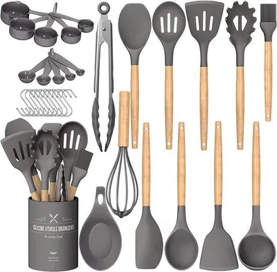 Produktbild von Unyqoos® Silikon-Küchenhelfer Set, 33-teilig – BPA-frei, hitzebeständig bis 230°C, Holzgriff, antihaftfreundlich, Grau