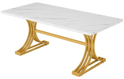 Obrázek produktu pro Jídelní stůl – obdélníkový kuchyňský stůl – 160 x 80 x 75 cm – deska ve vzhledu mramoru – kovová konstrukce – pro až 8 osob – bílý