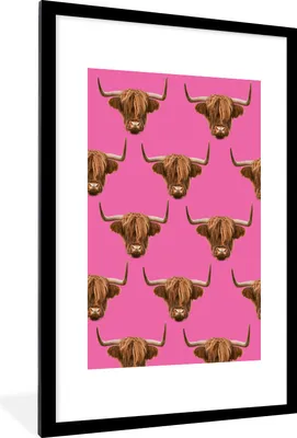 Produktbild von MuchoWow® MuchoWow® Gerahmtes Poster Schottisches Hochlandrind - Muster - Rosa 60x90 cm - Poster mit zchwarzem Bilderrahmen - Dekoration - Wandposter Wohnzimmer - Hochwertig