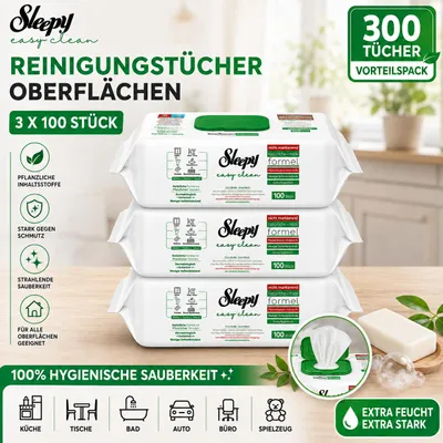 Produktbild von Sleepy Easy Clean Oberflächenreinigungstücher - Grün (3x 100 Tücher), KI-generiertes Bild