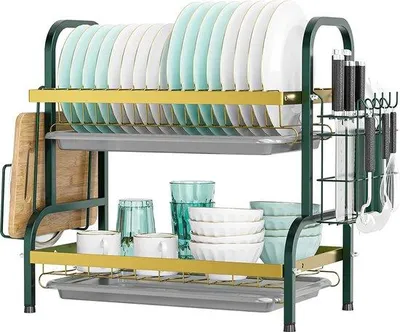Productafbeelding van Unyqoos® 2-laags afdruiprek voor servies, 42x23,5x39 cm, geschikt voor 17 borden, met 2 opvangbakken, snijplankhouder en bestekhouder, goudgroen