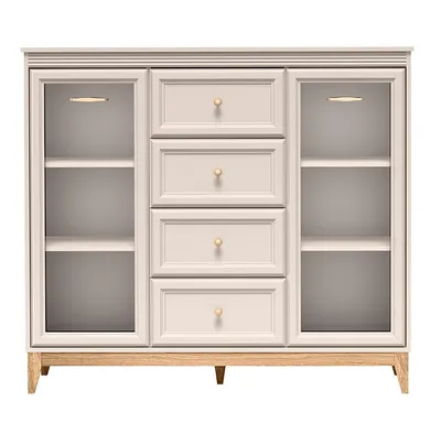 Produktbild von Vitrine Windsor W7 Kaschmir – Laminierter Korpus, MDF-Fronten, Glas, 2 Glastüren & 4 Schubladen, Massivholzfüße 15 cm