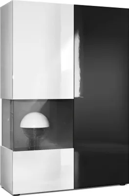 Produktbild von Vladon Vitrine Kommode Hochschrank Morena,  Germany, Korpus in Weiß matt / Rechte Tür und der Einsatz in Schwarz Hochglanz