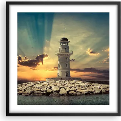 Produktbild von Gerahmtes Poster - Schwarzer Rahmen - Leuchtturm Wasser Meer Steine - 50x50 cm - Wand Bild - Wanddeko - Wandbilder - Wandposter - Bilderrahmen - Bilder - Kunstdruck - Wandbild - P2BAC50x50-2895