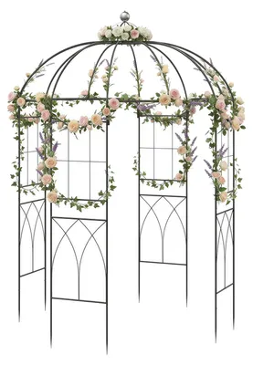 Produktbild von KOMFOTTEU Rosenpavillon Metall, Rosenbogen mit 4 Seitenelementen, Haken & Dach, romantischer Gartenbogen für Kletterpflanzen, Gartenlaube mit Erdankern, für Garten & Hochzeit, 203 x 203 x 296 cm