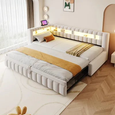 Immagine prodotto di Letto imbottito Flieks 90x200cm con letto estraibile (90x190cm), divano letto da giorno con usb e led, letto per ragazzi letto per bambini letto singolo con rete a doghe, velluto