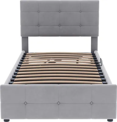 Produktbild von Flieks Hydraulisches Polsterbett 90x200cm mit Stauraum, Boxspringbetten Stauraumbett mit Lattenrost, Jugendbett Einzelbett Kinderbett, Samt, Grau