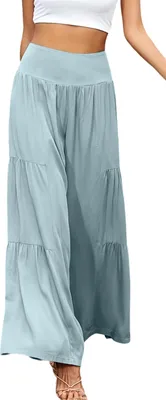 Obrázek produktu pro ASKSA Dámské plátěné kalhoty Letní elegantní kalhoty s vysokým pasem a širokou nohavicí Lehké kalhoty, světle zelené, vel: XL