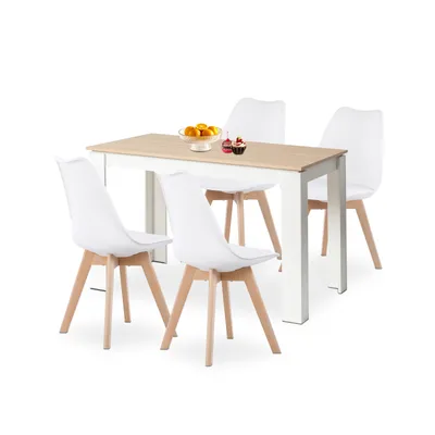 A dining set with a table and four chairs, set against a white background.