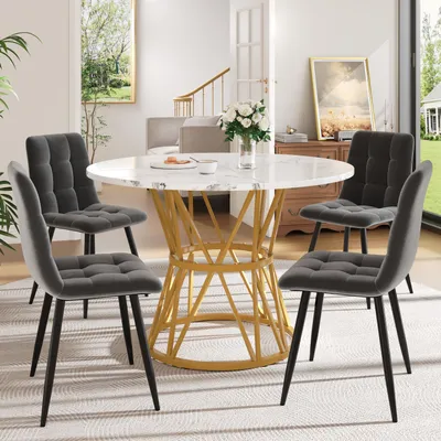 Produktbild von Sweiko Esstisch-Set (5-teilig), Esstisch-Set mit 4 Stühlen, Modernes Küchen-Esstisch-Set, Runder Küchentisch mit 100 cm Durchmesser und Metallbeinen, MDF-Marmor-Tischplatte, Esszimmerstühle aus grauem Samt