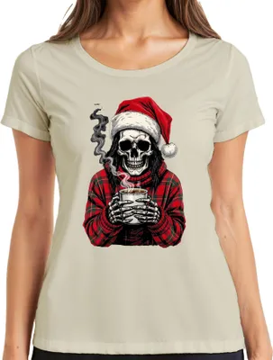 Produktbild von Weihnachtsmann Totenkopf Skelett Kaffee rot Karomuster Gothic Damen T-Shirt, Natur, L