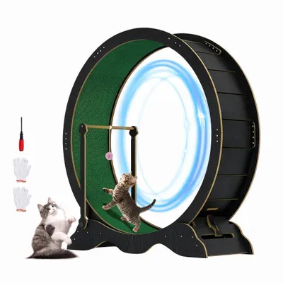 Produktbild von Leises Katzenlaufrad für Wohnungskatzen 115 cm, mit Katzenspielzeugball, Extra Breite 37 cm Lauffläche aus Holzwerkstoff, für Katzen bis 20 kg,Schwarz