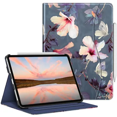 Produktbild von Fintie Hülle für iPad Pro 11 Zoll 4. Generation/ 3. Gen/ 2. Gen (Modell 2022/2021/2010), Multi-Winkel Folio Schutzhülle mit Stifthalter, Dokumentenfach und Auto Schlaf/Wach Funktion, Hibiskus