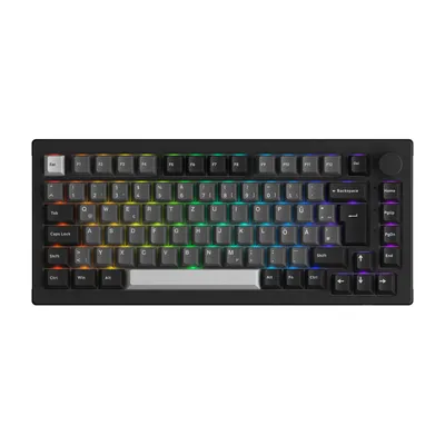 A black mechanical keyboard with RGB lighting is displayed on a white background.