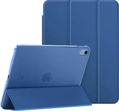 A blue iPad case is shown from multiple angles, with one view showing the back of an iPad inside the case.