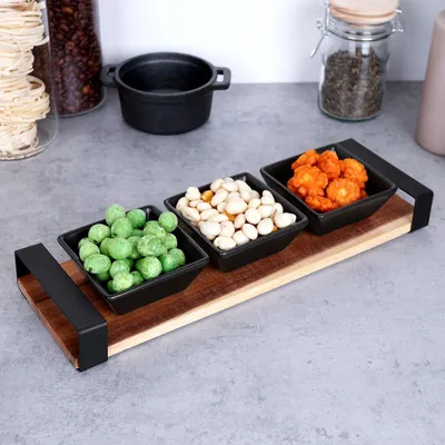 Produktbild von Excellent Houseware Servierset, 4-tlg., Keramik, Schwarz, mit Holztablett, 32 x 10,5 x 5 cm, 90 ml pro Schälchen, Minimalistisch modern