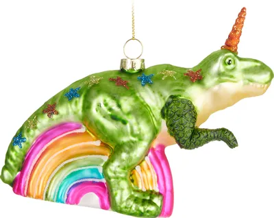 Immagine prodotto di BRUBAKER Unicorno T-Rex Arcobaleno Guaina natalizia in vetro - Dipinta a mano - Decorazione per albero di Natale a forma di dinosauro - Figura di dinosauro fantasy Decorazione natalizia divertente