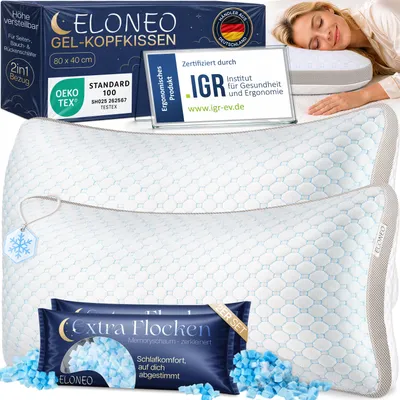 Produktbild von ELONEO Premium Gel Memory Foam Kopfkissen 40x80 cm, ergonomisches Kopfkissen höhenverstellbar, geschredderte Gel Memory Schaumstofffüllung