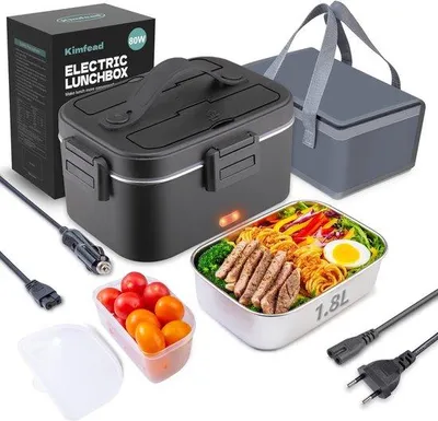 Produktbild von Elektrische 80W 1,8L roestvrij stahle Lunchbox mit isolierter Tasche (1,8L, schwarz), 12V/24V/230V, tragbar, isolierte Warmhaltebox für Auto, LKW, Büro