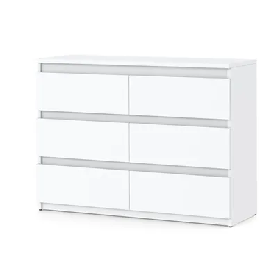 A white dresser with six drawers against a white background.