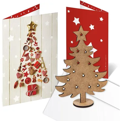 Produktbild von 3 Weihnachtskarten rot mit Weihnachtsbaum aus Holz + Kuverts - Karten ohne Text - weihnachtliche Grußkarten mit Geschenk