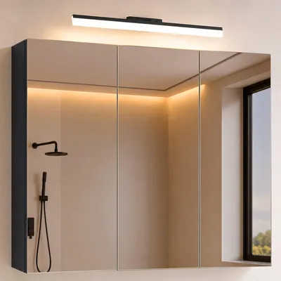 Image de doporro Armoire Murale Salle de Bains avec Miroir et Lampe Luxaris Noir Placard de Rangement Étagères Réglable Anthracite Mat en Bois Armoire de Toilette 3 Portes 100x15x70 cm Spiegelschrank 02