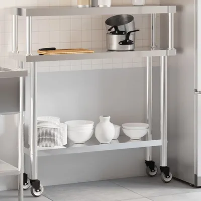Produktbild von Design Küchen-Arbeitstisch mit Aufsatzboard 110x30x120 cm Edelstahl, Esstische 2024 Neu
