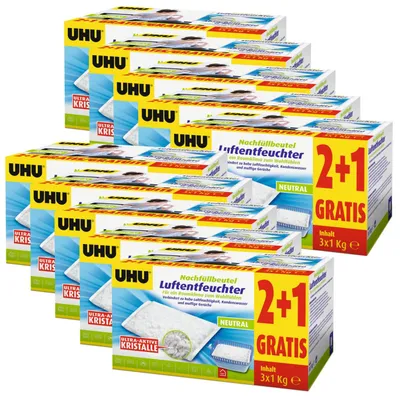 A stack of UHU Luftentfeuchter (air dehumidifier) refill bags in their packaging.