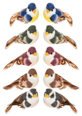 Deko-Vögel mit Federn, 10 Stück, 2,2x5x2,5 cm, 5 Farben