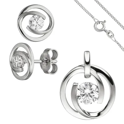 Produktbild von Schmuck-Set aus 333 Gold Weißgold 3 Zirkonia Ohrringe Anhänger und Kette 45cm