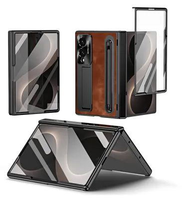Obrázek produktu pro Pouzdro na Samsung Galaxy Z Fold 8 s kovovou ochranou objektivu a pantu, vintage kožený stojánek kryts držákem na S Pen a ochrannou fólií na displej hnědé