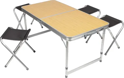 A foldable camping table with four stools, presented on a white background.