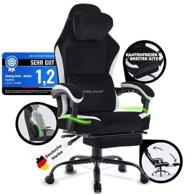 Produktbild von PixelPilot Ergonomischer Gaming Stuhl [Atmungsaktiver Stoff] Chair mit Fußstütze, Kopf- und Lendenwirbelstütze, Gamer PC Stuhl [breite Sitzfläche]