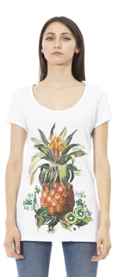 Produktbild von Damen-T-Shirt, 100% Baumwolle, Blumenmuster, Fuchsia, Rundhalsausschnitt, Kurzarm